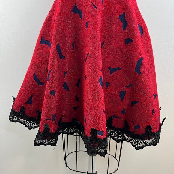 ALBERTO MAKALI Jacquard Fit & Flare Dress Red Blue Sleeveless Lace Trim Size 8 - Picture 4 of 12
